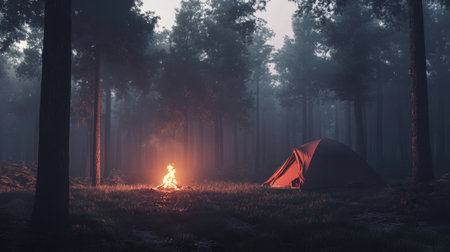 A serene camping scene featuring a cozy tent nearby a crackling campfire, surrounded by tall trees and gentle mist. The dusk light creates a magical atmosphere.の素材