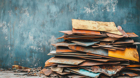 A visually striking image depicting a pile of rusty metal sheets against a textured blue wall, capturing the essence of industrial decay and artistic beauty.の素材
