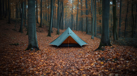 A peaceful campsite features a tent set in an autumn forest, surrounded by vibrant orange leaves and tall trees, creating a serene outdoor escape.の素材