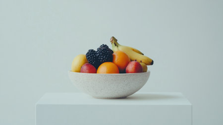 A stunning arrangement of various fruits in a simple bowl, featuring bananas, blackberries, plums, and oranges on a clean white background, ideal for healthy lifestyle imagery.の素材
