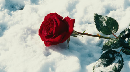 A striking red rose rests on a blanket of fresh snow, showcasing the contrast between vibrant petals and the chilly winter landscape, perfect for romantic themes.の素材