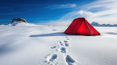A bright red tent contrasts beautifully against a pure white snow landscape beneath a clear blue sky, encircled by majestic mountains. Perfect for outdoor adventure themes, this image evokes feelings of solitude and exploration in a serene winter environment.の素材