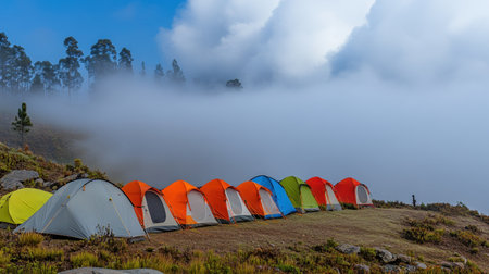 A stunning view of colorful tents arranged neatly on a foggy mountain landscape beneath a blue sky. The scene captures the essence of outdoor adventure and tranquility.の素材