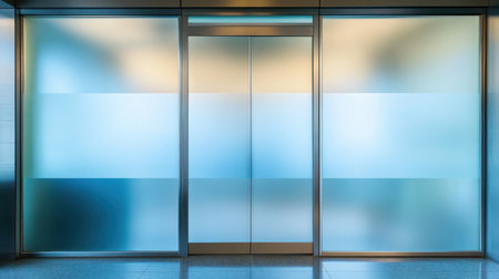 A sleek glass entrance featuring frosted panels creates a modern and inviting atmosphere in a contemporary building interior, enhancing natural light.の素材
