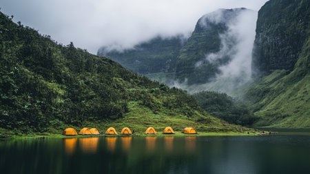 A stunning view of yellow camping tents set by a serene lake, surrounded by lush green hills and mist-covered mountains, creating a picturesque nature scene.の素材