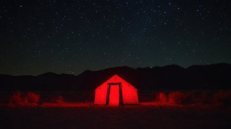 A glowing red tent stands alone amidst a breathtaking star-filled sky, showcasing the beauty of nature and the tranquility of remote camping at night.の素材
