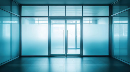 A minimalist glass entrance of a corporate building featuring a cool blue tone. The design focuses on transparency and simplicity, creating a serene atmosphere.の素材