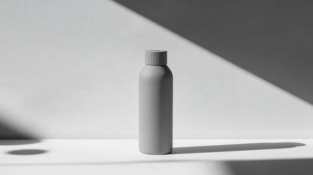 This minimalist gray water bottle stands elegantly on a white surface, accentuated by soft shadows and geometric light patterns, perfect for modern lifestyle imagery.の素材