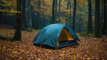 A vibrant tent set amidst a serene autumn forest, featuring bright yellow and orange leaves. The tranquil environment invites relaxation and adventure.の素材