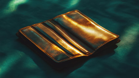 This image features an elegant leather wallet opened and lying flat on a vibrant green fabric. The detailed craftsmanship, textures, and rich color create a luxurious and sophisticated feel perfect for showcasing fashion accessories.の素材