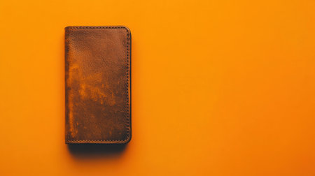 A vintage leather wallet rests against a warm orange backdrop, showcasing its unique texture and color. The image captures the elegance and simplicity of this accessory.の素材
