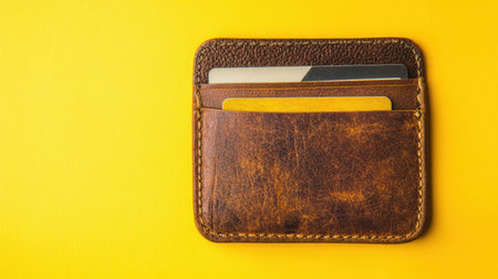 A classic brown leather wallet rests on a bright yellow background, perfectly displaying its sleek design and functionality for everyday use.の素材