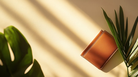 A chic brown leather wallet rests on a light surface, complemented by tropical plant shadows, creating an elegant and serene atmosphere for style enthusiasts.の素材