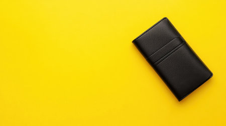 This image features a sleek black wallet resting on a vibrant yellow surface, ideal for showcasing stylish accessories in modern marketing or design contexts.の素材