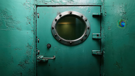 This image features a unique circular porthole door embedded in a vintage green wall, showcasing rustic industrial design. The worn textures and metal details evoke a sense of history and character, making it ideal for creative interior design projects or unique decor inspiration.の素材