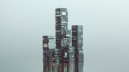 This image captures an abstract depiction of digital architecture composed of intricate computer chips and circuit boards, showcasing a minimalist aesthetic.の素材