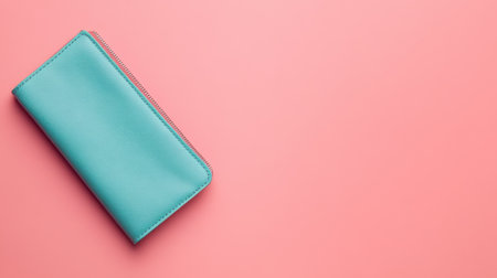 This sleek aqua blue wallet rests on a soft pink background, creating a vibrant contrast perfect for fashion and accessory showcase. Ideal for showcasing stylish designs.の素材