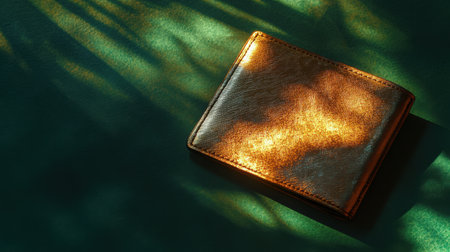 This image captures an elegant leather wallet resting on a vibrant green surface, illuminated by soft natural light, creating intricate shadow patterns that enhance its texture and craftsmanship.の素材