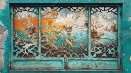 A weathered window showcases intricate patterns with vibrant teal and rusty gold tones, reflecting decay and beauty in urban environments.の素材