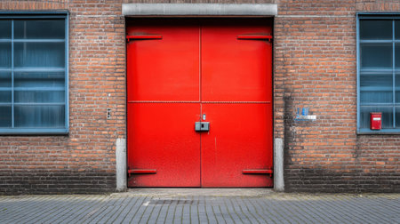 Vibrant red industrial door set against a textured brick wall, featuring large windows and a minimalist concrete floor, creating a striking urban atmosphere.の素材