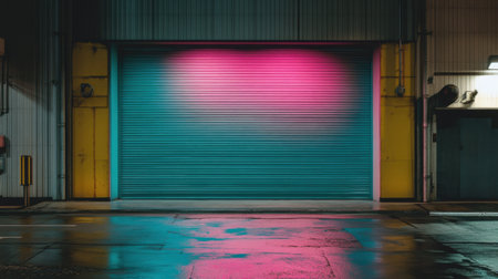 This photo showcases a vibrant industrial garage door illuminated by colorful lights, reflecting beautifully on the wet pavement, creating a striking urban scene.の素材