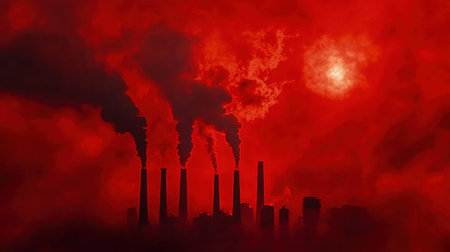 A striking visual of industrial smokestacks emitting dark smoke into a vivid red sky. This image highlights the impact of pollution on air quality and environment.の素材