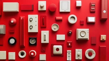 A visually striking flat lay image featuring a diverse collection of geometric shapes and objects in red and white tones, creating a bold and modern aesthetic.の素材