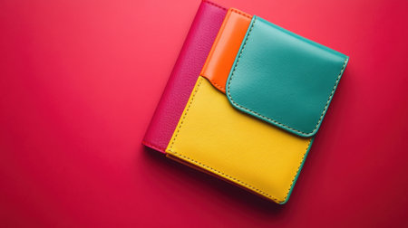 This vibrant leather wallet features a mix of colors on a striking red background, perfect for adding flair to any outfit or lifestyle.の素材