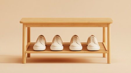 A stylish wooden shoe rack showcasing four beige sneakers against a soft neutral background, ideal for minimalist interior design and organization.の素材