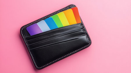 A modern black wallet displaying colorful cards against a soft pink background. This image captures a trendy and stylish accessory perfect for fashion and lifestyle photography.の素材