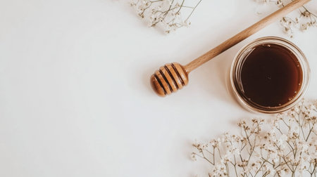 This image features a rustic honey jar paired with a wooden dipper and complemented by delicate white flowers, perfect for food styling and cozy settings.の素材