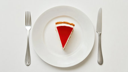 A beautifully presented slice of red jelly dessert rests on a simple white plate, accompanied by a fork and knife, showcasing a minimalistic table setting that enhances the gourmet experience.の素材