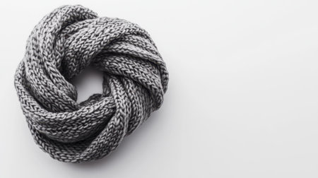 This image features a cozy gray knitted scarf arranged in a circular bundle, perfect for winter fashion. The soft texture and elegant design showcase warmth and chic style, set against a clean white background.の素材