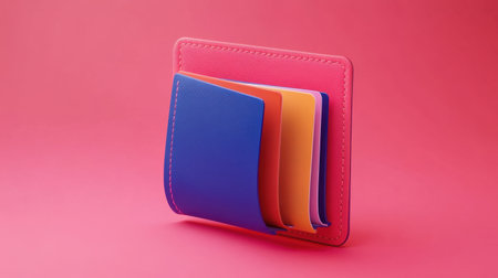 A vibrant and stylish card holder featuring multiple compartments in blue, orange, and pink, set against a bright pink background for a modern look.の素材