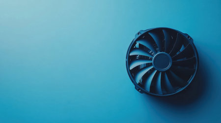 A striking close-up image of a black cooling fan set against a soft blue background, showcasing intricate details of modern technology and design aesthetics.の素材