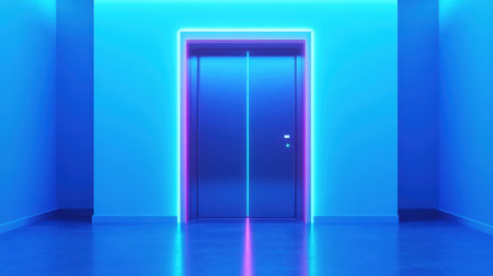 A stunning futuristic elevator entrance bathed in blue neon lights showcases modern architecture and minimalist design, creating a vibrant ambiance.の素材