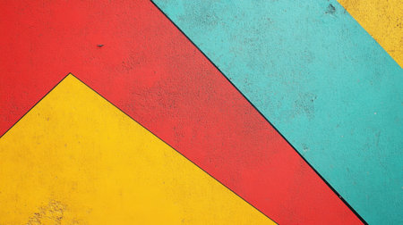 This vibrant abstract artwork showcases bold geometric patterns in red, yellow, and teal against a textured surface, perfect for modern design projects.の素材