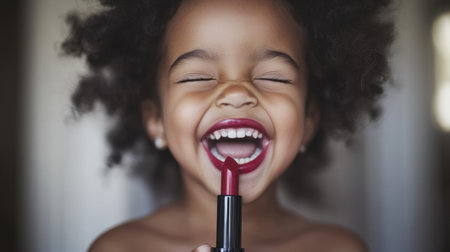A cheerful young girl with curly hair joyfully applying red lipstick, capturing the essence of innocence and fun in a bright setting. Laughter and beauty unite in this delightful moment.の素材