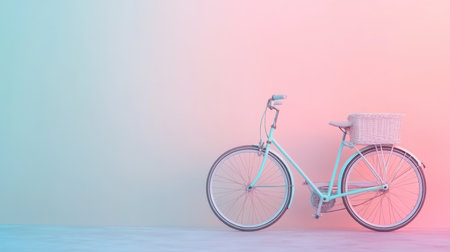 A charming vintage bicycle featuring a wicker basket stands against a soft gradient background, creating a serene and stylish atmosphere perfect for travel and leisure themes.の素材