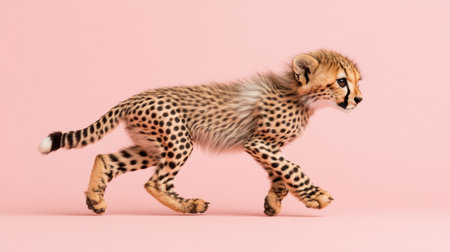 This delightful image captures a young cheetah cub in motion against a soft pink background, showcasing its playful personality and vibrant energy.の素材