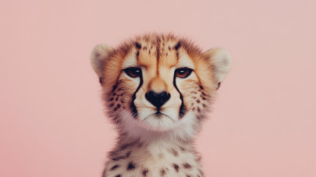 This captivating image features a close-up portrait of a baby cheetah with striking eyes, set against a soft pink background, highlighting its innocence and charm.の素材