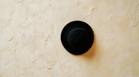 A stylish black fedora hat placed on a textured beige wall, ideal for fashion, lifestyle photography, and artistic concepts showcasing elegance and minimalism.の素材