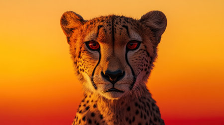 This stunning portrait captures a cheetah's striking features against a vibrant sunset sky, showcasing the beauty and power of wildlife.の素材
