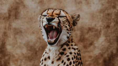 This expressive close-up captures a yawning cheetah, showcasing the detailed fur and fierce features against a soft brown background. Perfect for wildlife themes.の素材