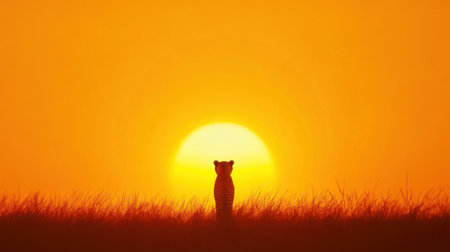 A stunning silhouette of a cheetah stands alone against a vibrant sunset in the African savanna. The warm hues of the sky highlight the beauty of wildlife in a serene landscape.の素材