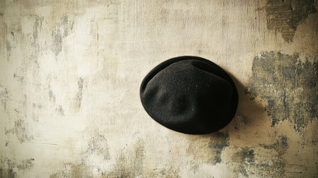 A black hat gracefully hangs on a textured wall, creating a striking visual contrast that captures minimalism and artistic flair in everyday fashion.の素材