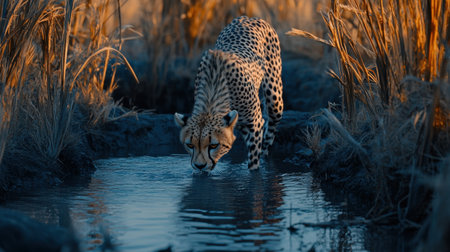 A stunning cheetah is seen approaching a water source, reflecting golden light in a serene grassland setting at dawn. The powerful predator embodies elegance and focus.の素材