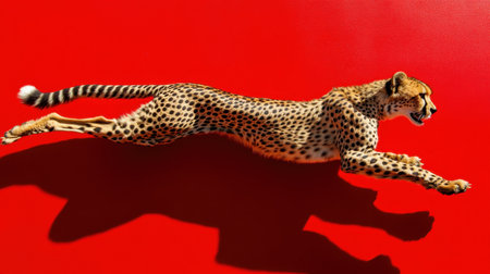 A stunning image of a cheetah leaping against a vibrant red background, showcasing the animal's incredible speed and grace in motion.の素材