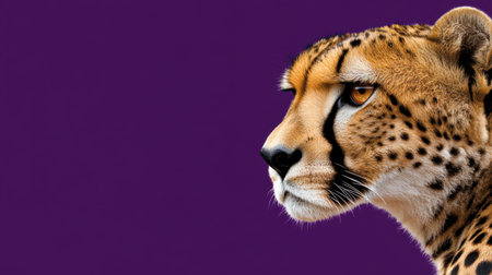 This striking close-up of a cheetah showcases its majestic profile against a vibrant purple background, highlighting its fierce gaze and elegant features, perfect for wildlife enthusiasts.の素材