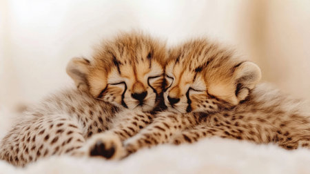 Two adorable young cheetahs cuddle closely together, radiating warmth and affection. Their soft fur and gentle expressions create a heartwarming scene, showcasing the beauty of wildlife and the innocence of young animals. This charming image captures the tender moment of rest and friendship.の素材